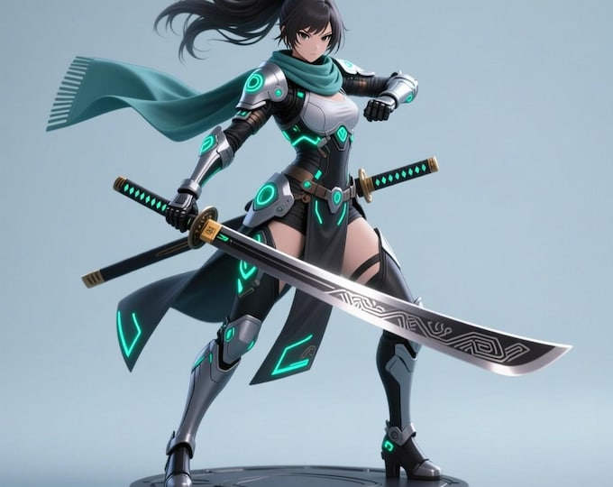 Cyber Samurai Girl STL – Futuristic Warrior 3D Model | Anime Female Fighter Figure by ECRAFTECH