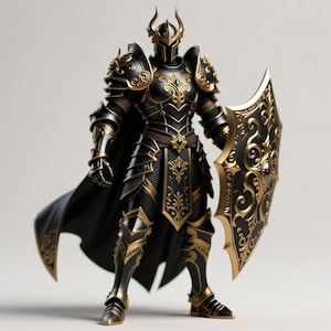 May include: A detailed figurine of a knight in full armor. The armor is black with gold filigree and accents, including the helmet, pauldrons, and greaves. The knight holds a shield with matching gold detailing and wears a black cape.
