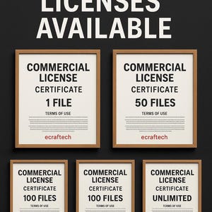 K&ouml;nnte beinhalten: Ein schwarzer Hintergrund mit dem Text "COMMERCIAL LICENSES AVAILABLE" in Wei&szlig;. Sechs gerahmte Zertifikate werden angezeigt, jedes mit "COMMERCIAL LICENSE CERTIFICATE" und Dateimengen: 1, 50, 100 und Unlimited. Der Markenname "ecraftech" ist ebenfalls sichtbar.