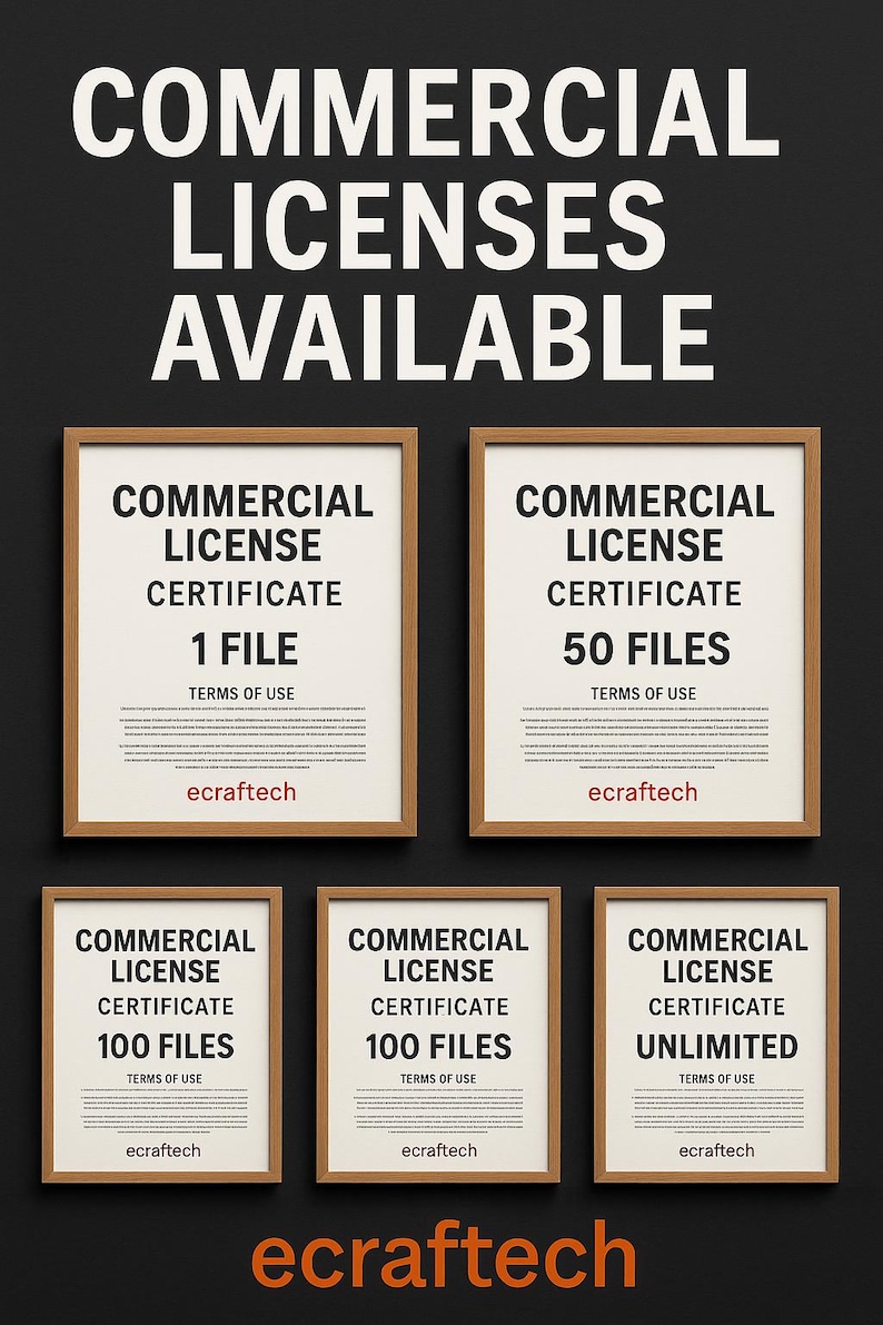 K&ouml;nnte beinhalten: Ein schwarzer Hintergrund mit dem Text "COMMERCIAL LICENSES AVAILABLE" in Wei&szlig;. Sechs gerahmte Zertifikate werden angezeigt, jedes mit "COMMERCIAL LICENSE CERTIFICATE" und Dateimengen: 1, 50, 100 und Unlimited. Der Markenname "ecraftech" ist ebenfalls sichtbar.