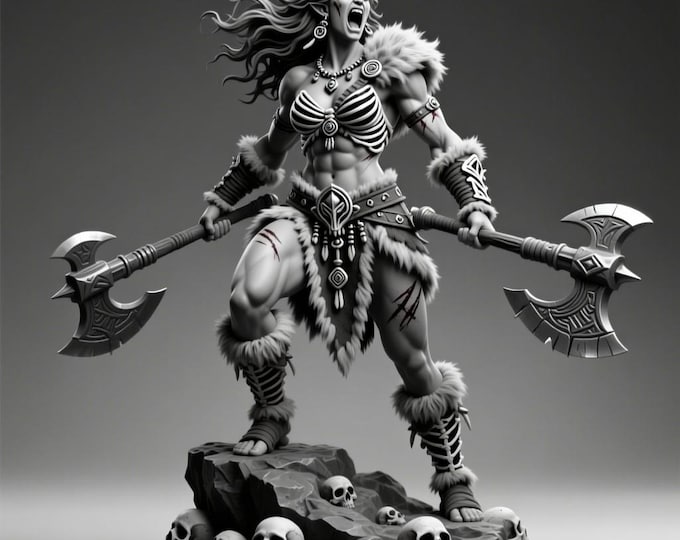 Barbarian Warrior Woman STL • Double Axe Female Fighter 3D Print Model • Dark Fantasy Miniature