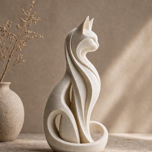 May include: A cream-colored cat sculpture with a modern, flowing design. The cat is seated, with its tail curled and its head turned in profile. The sculpture has a smooth, carved appearance and is set against a neutral background.