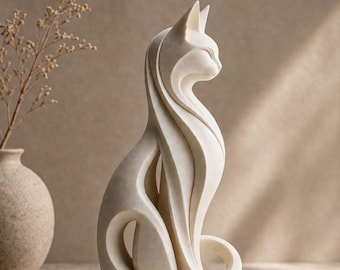 Escultura de gato minimalista moderna, estatueta abstrata de gato recortada, decoração elegante para casa, estilo impresso em 3D, peça de arte contemporânea