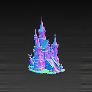 K&ouml;nnte beinhalten: Ein 3D-gerendertes Schloss in Blau-, Lila- und Rosat&ouml;nen. Das Schloss verf&uuml;gt &uuml;ber mehrere T&uuml;rme, eine Treppe und dekorative Elemente. Das Bild hat einen dunklen Hintergrund und das Schloss scheint zu schweben.