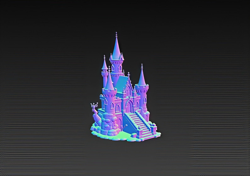 K&ouml;nnte beinhalten: Ein 3D-gerendertes Schloss in Blau-, Lila- und Rosat&ouml;nen. Das Schloss verf&uuml;gt &uuml;ber mehrere T&uuml;rme, eine Treppe und dekorative Elemente. Das Bild hat einen dunklen Hintergrund und das Schloss scheint zu schweben.