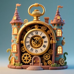 May include: A whimsical clock shaped like a castle, featuring a gold-colored frame and clock face with Roman numerals. The castle has two towers with flags, windows, and a small door. The clock's gears are visible, adding a steampunk aesthetic.
