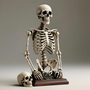 Op de afbeelding: Een gedetailleerd, gebroken wit menselijk skeletmodel met een schedel, ribbenkast, wervelkolom en ledematen. Het skelet is gemonteerd op een donkerbruine houten basis, met een aparte schedel ernaast.