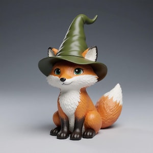 May include: A whimsical figurine of a fox wearing a green witch hat. The fox has orange fur, white chest and tail tip, and large green eyes. The figurine is a charming decorative item.