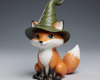 May include: A whimsical figurine of a fox wearing a green witch hat. The fox has orange fur, white chest and tail tip, and large green eyes. The figurine is a charming decorative item.