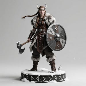 May include: A detailed figurine of a Viking warrior, clad in brown leather armor and fur accents, holding an axe and shield. The shield is round with a silver rim and wooden panels. The warrior stands on a snowy base, with a horned helmet and braided hair.