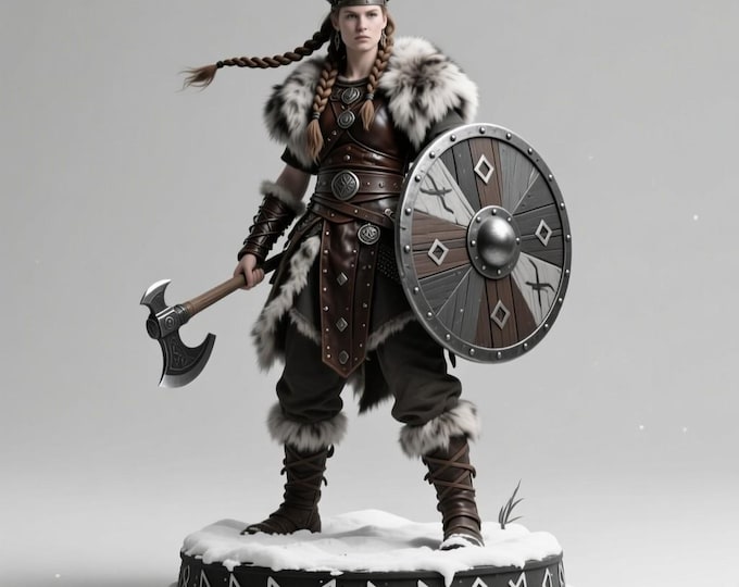 3D Printable Viking Warrior Woman Figurine with Axe & Shield (STL File)