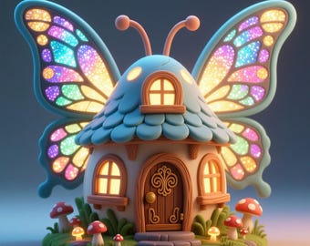 Könnte beinhalten: Ein fantasievolles Feenhaus in Form eines Schmetterlings, mit blauem Dach und leuchtenden, farbenfrohen Flügeln. Das Haus hat eine braune Tür, gewölbte Fenster und ist von kleinen Pilzen und grünem Gras umgeben.