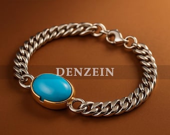 Turquoise Stone Bracelet for Men – Stainless Steel Chain – Gold Bezel Blue Gem Jewelry – Gift for Him – Handmade Bracelet