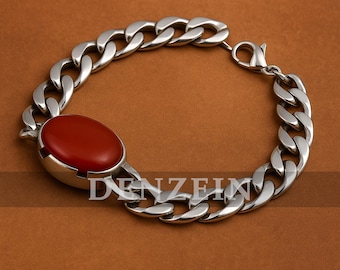 Pure Red Aqeeq Stone Bracelet – Men Bracelet with 925 Silver Setting – Italian Charm Steel Chain – Healing Stone Gift for Him
