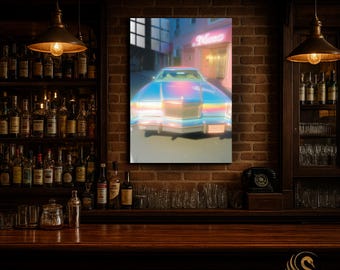 Car Metal Wall Art – Retro Neon Sports Car Metal Poster | Modern Garage Decor | Vibrant Automotive Print | Gift for Him & Car Lovers | Cool!