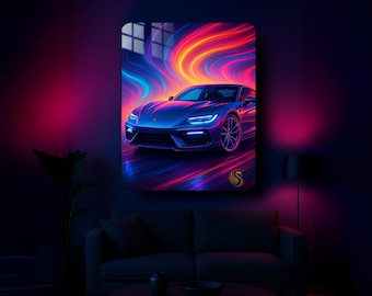 Car Metal Wall Art – Retro Neon Sports Car Metal Poster | Modern Garage Decor | Vibrant Automotive Print | Gift for Him & Car Lovers | Cool!