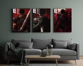 Guts-Inspired Black Swordsman Anime Metal Poster 3-Piece Set – Dark Fantasy Warrior Wall Art | Berserk Gift, Manga Room Decor, Metal Print