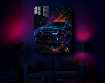 Car Metal Wall Art – Retro Neon Sports Car Metal Poster | Modern Garage Decor | Vibrant Automotive Print | Gift for Him & Car Lovers | Cool!