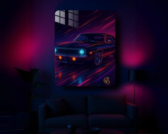 Car Metal Wall Art – Retro Neon Sports Car Metal Poster | Modern Garage Decor | Vibrant Automotive Print | Gift for Him & Car Lovers | Cool!