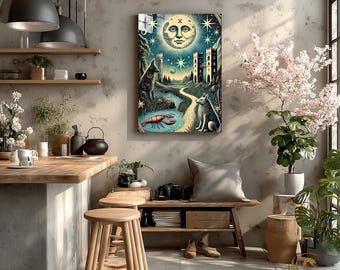 The Great Phoenix Tarot, The Moon XVIII Mystical Metal Wall Art Poster, Vintage Tarot Card Decor, Occult & Esoteric Gift , Metal Print,