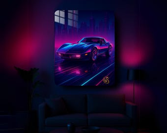 Car Metal Wall Art – Retro Neon Sports Car Metal Poster | Modern Garage Decor | Vibrant Automotive Print | Gift for Him & Car Lovers | Cool!