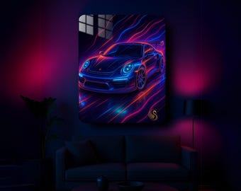Car Metal Wall Art – Retro Neon Sports Car Metal Poster | Modern Garage Decor | Vibrant Automotive Print | Gift for Him & Car Lovers | Cool!