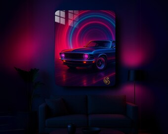 Car Metal Wall Art – Retro Neon Sports Car Metal Poster | Modern Garage Decor | Vibrant Automotive Print | Gift for Him & Car Lovers | Cool!