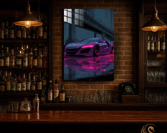 Car Metal Wall Art – Retro Neon Sports Car Metal Poster | Modern Garage Decor | Vibrant Automotive Print | Gift for Him & Car Lovers | Cool!