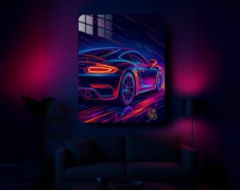 Car Metal Wall Art – Retro Neon Sports Car Metal Poster | Modern Garage Decor | Vibrant Automotive Print | Gift for Him & Car Lovers | Cool!