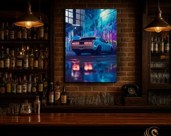 Car Metal Wall Art – Retro Neon Sports Car Metal Poster | Modern Garage Decor | Vibrant Automotive Print | Gift for Him & Car Lovers | Cool!