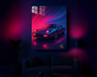 Car Metal Wall Art – Retro Neon Sports Car Metal Poster | Modern Garage Decor | Vibrant Automotive Print | Gift for Him & Car Lovers | Cool!