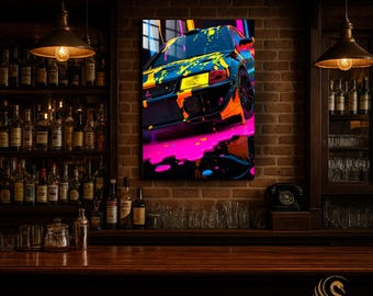 Car Metal Wall Art – Retro Neon Sports Car Metal Poster | Modern Garage Decor | Vibrant Automotive Print | Gift for Him & Car Lovers | Cool!