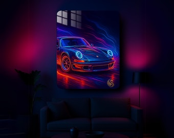 Car Metal Wall Art – Retro Neon Sports Car Metal Poster | Modern Garage Decor | Vibrant Automotive Print | Gift for Him & Car Lovers | Cool!