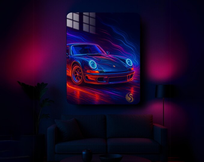 Featured listing image: Car Metal Wall Art – Retro Neon Sports Car Metal Poster | Modern Garage Decor | Vibrant Automotive Print | Gift for Him & Car Lovers | Cool!