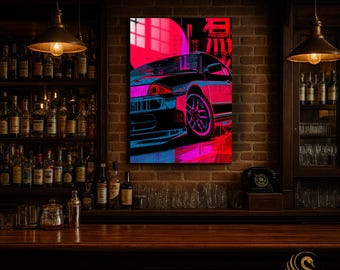 Car Metal Wall Art – Retro Neon Sports Car Metal Poster | Modern Garage Decor | Vibrant Automotive Print | Gift for Him & Car Lovers | Cool!