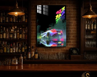 Car Metal Wall Art – Retro Neon Sports Car Metal Poster | Modern Garage Decor | Vibrant Automotive Print | Gift for Him & Car Lovers | Cool!