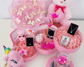 Pink Love Gift Box: Plush Teddy, Eternal Rose, Jewelry Set