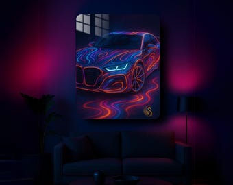 Car Metal Wall Art – Retro Neon Sports Car Metal Poster | Modern Garage Decor | Vibrant Automotive Print | Gift for Him & Car Lovers | Cool!