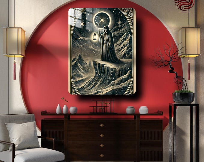 Featured listing image: The Great Phoenix Tarot, The Hermit IX , Mystical Metal Wall Art Poster, Vintage Tarot Card Decor, Occult & Esoteric Gift , Metal Print,