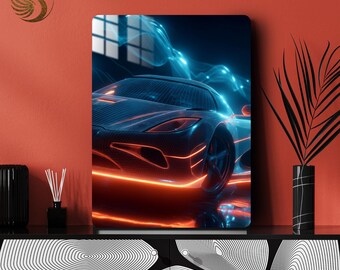 Car Metal Wall Art – Retro Neon Sports Car Metal Poster | Modern Garage Decor | Vibrant Automotive Print | Gift for Him & Car Lovers | Cool!