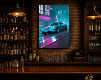 Car Metal Wall Art – Retro Neon Sports Car Metal Poster | Modern Garage Decor | Vibrant Automotive Print | Gift for Him & Car Lovers | Cool!