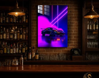 Car Metal Wall Art – Retro Neon Sports Car Metal Poster | Modern Garage Decor | Vibrant Automotive Print | Gift for Him & Car Lovers | Cool!