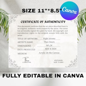 Editable Certificate of Authenticity, Certificate Of Authenticity For Artwork, Printable Authenticity Certificate COA Template, Minimalist