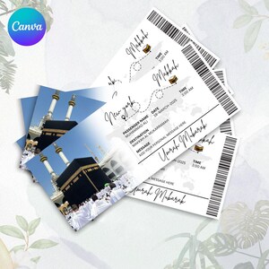 May include: Several white tickets and photo cards are displayed. The tickets feature a barcode, destination to Makkah, and the text "Umrah Mubarak". The photo cards show the Kaaba in Mecca. The items are set against a light background with floral accents.