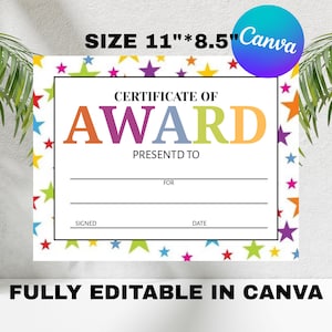Printable Award Certificate School Teacher Digital Print 11x8.5 Instant Download Student Awards Kids Elementary Colorful Stars