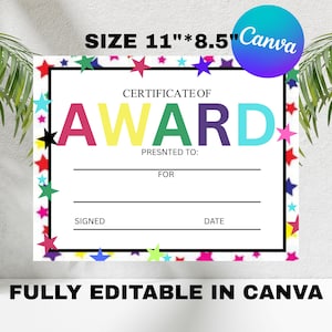 Printable Award Certificate School Teacher Digital Print 11x8.5 Instant Download Student Awards Kids Elementary Colorful Stars