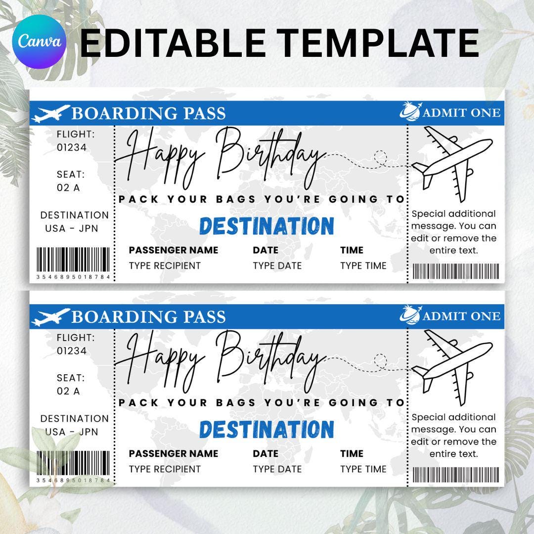 Customizable Birthday Surprise Ticket Template, Boarding Pass Template ...