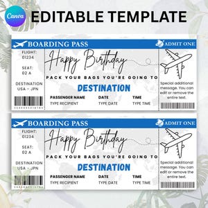 Anpassbare Geburtstagsüberraschungsticketvorlage, Bordkartenvorlage, bearbeitbare Flugtickets, druckbare Geschenkkarte, sofortiger Download