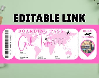 Plantilla de tarjeta de embarque editable, boleto de avión personalizado imprimible, tarjeta de embarque de Canva, invitación digital para viaje de chicas