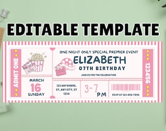 Movie Night Invitation Printables PINK, Movie Ticket Stub Invite, Vintage Ticket, Movie Ticket Template, Birthday party, INSTANT DOWNLOAD